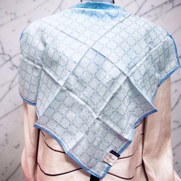 New-Tag Lg Collect CELINE Paris Mini Scarf 23" Cotton Teal Blue Logo Printed (96 - Picture 8 of 8